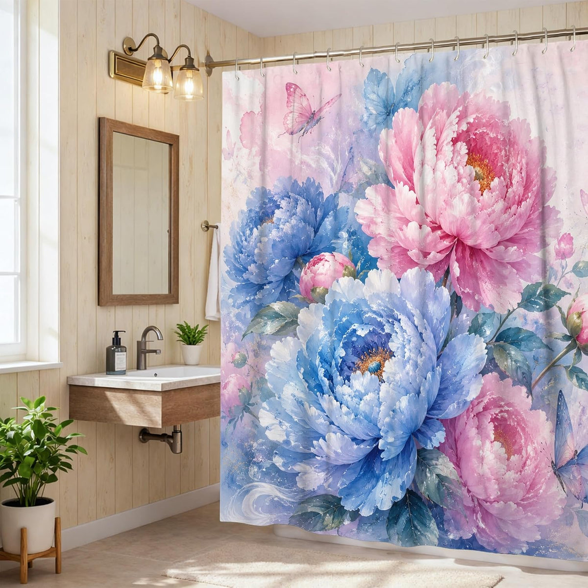 Peony Shower Curtain, Floral Elegant Butterfly Leaf Spring Peach Waterproof Fabric Toile Cloth Shower Curtains for Home Bathroom Toile Hotel Decor 72x78 Inch