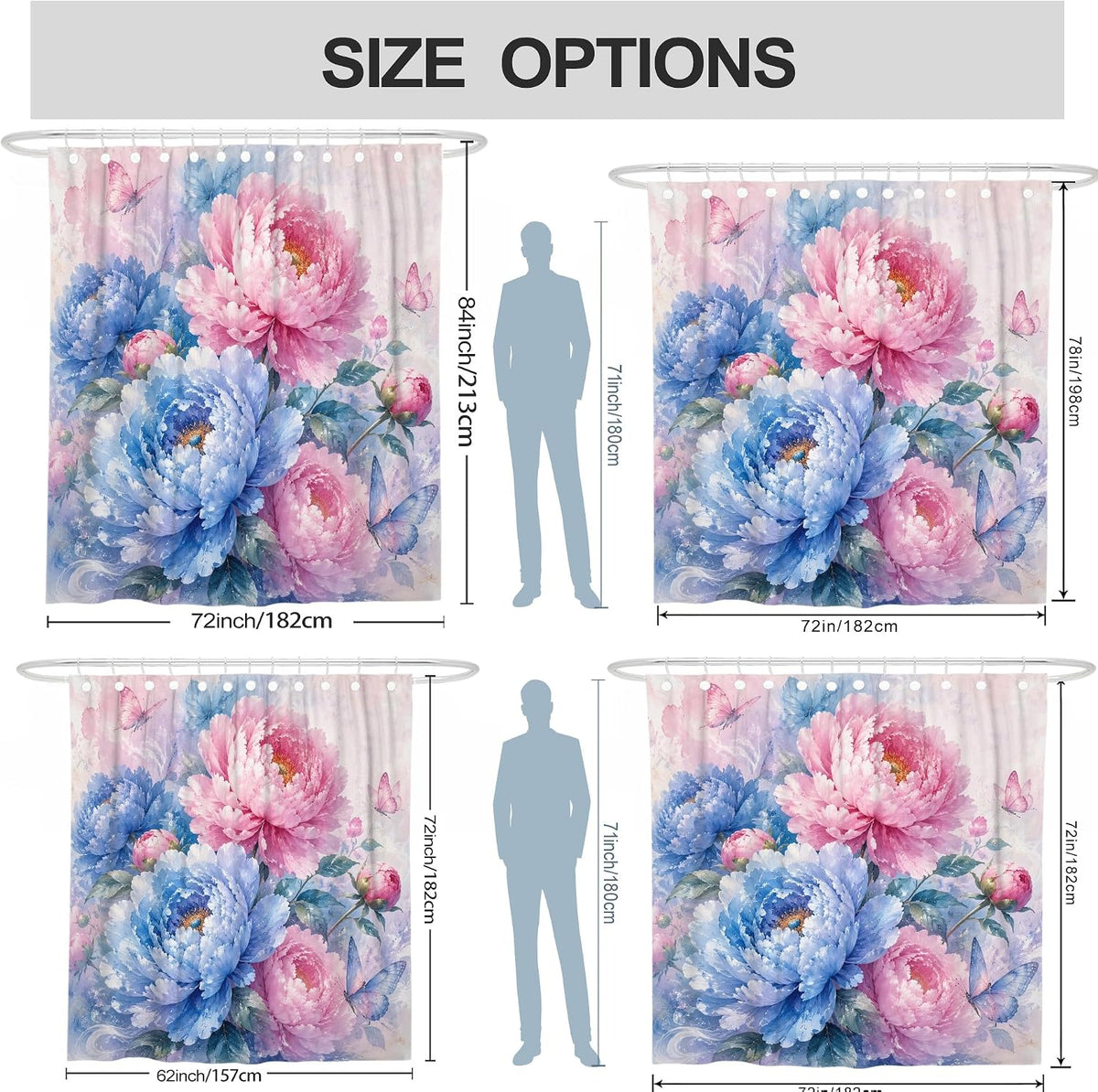Peony Shower Curtain, Floral Elegant Butterfly Leaf Spring Peach Waterproof Fabric Toile Cloth Shower Curtains for Home Bathroom Toile Hotel Decor 72x78 Inch