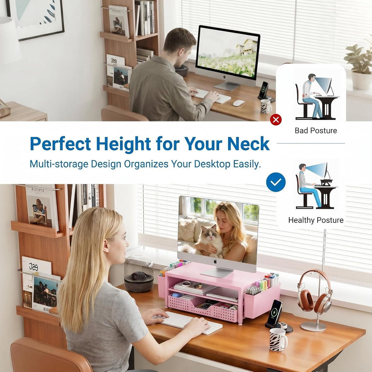 Desk Organizers and Accessories, Computer Monitor Stand Riser with Drawer and 2 Pen Holders, Printer & Laptop Stand, Office Desk Accessories & Workspace Organizers for Home Office Supplies, Pink