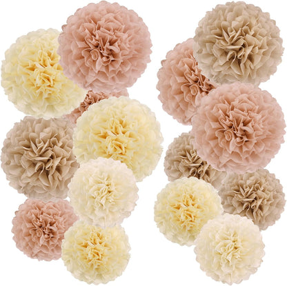 Boho Tissue Paper Pom Poms Tissue Paper Flowers (15PCS) Champagne Brown Dusty Pink Neutral Party Decorations,for Bridal Shower Baby Shower Decorations for Girl, Wedding, Birthday Party