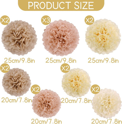 Boho Tissue Paper Pom Poms Tissue Paper Flowers (15PCS) Champagne Brown Dusty Pink Neutral Party Decorations,for Bridal Shower Baby Shower Decorations for Girl, Wedding, Birthday Party