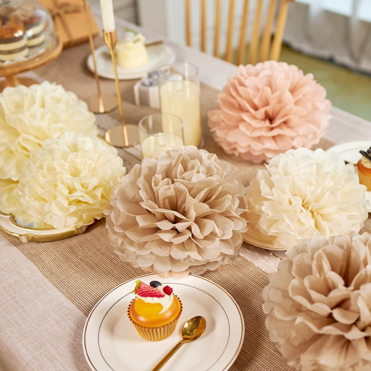 Boho Tissue Paper Pom Poms Tissue Paper Flowers (15PCS) Champagne Brown Dusty Pink Neutral Party Decorations,for Bridal Shower Baby Shower Decorations for Girl, Wedding, Birthday Party