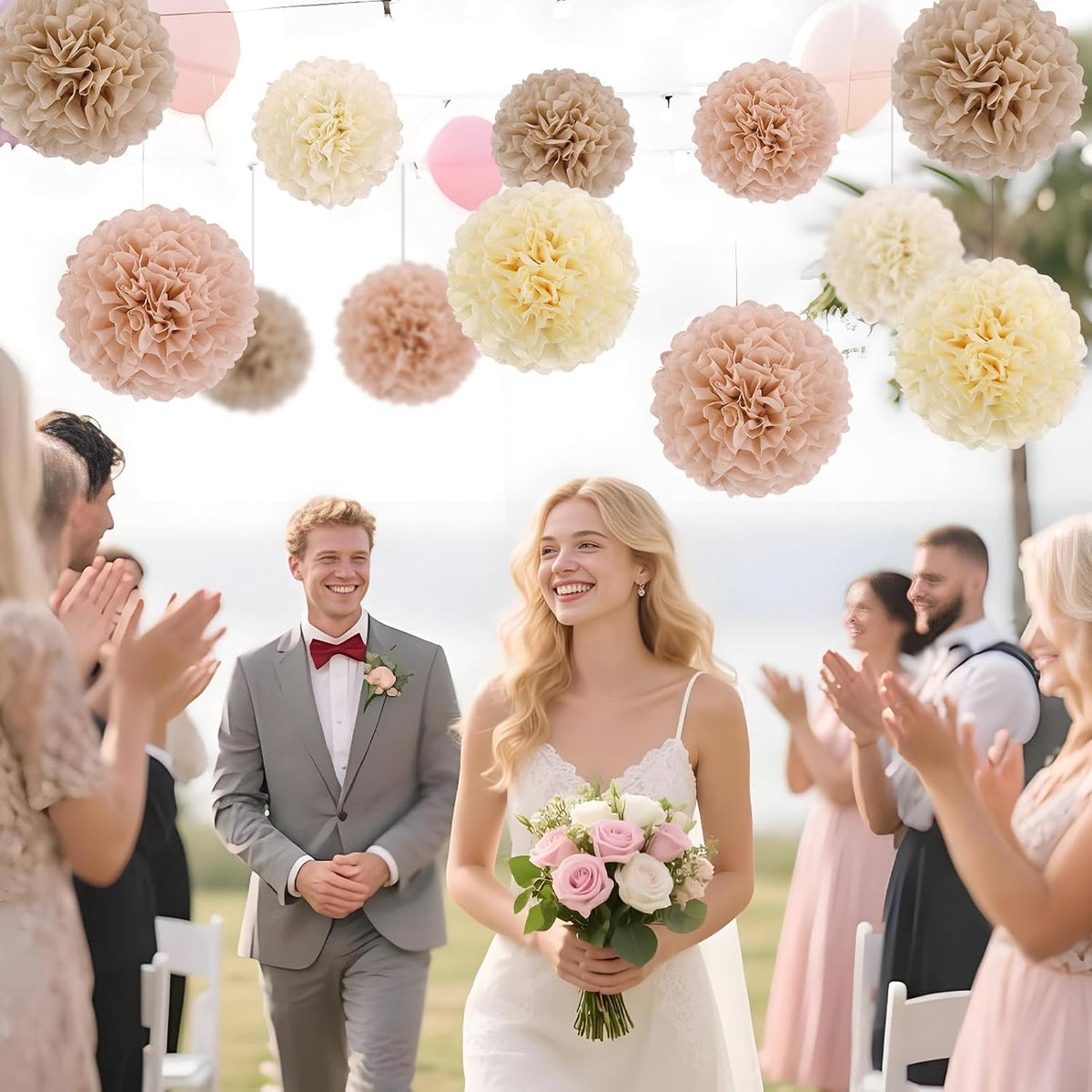 Boho Tissue Paper Pom Poms Tissue Paper Flowers (15PCS) Champagne Brown Dusty Pink Neutral Party Decorations,for Bridal Shower Baby Shower Decorations for Girl, Wedding, Birthday Party