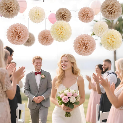 Boho Tissue Paper Pom Poms Tissue Paper Flowers (15PCS) Champagne Brown Dusty Pink Neutral Party Decorations,for Bridal Shower Baby Shower Decorations for Girl, Wedding, Birthday Party