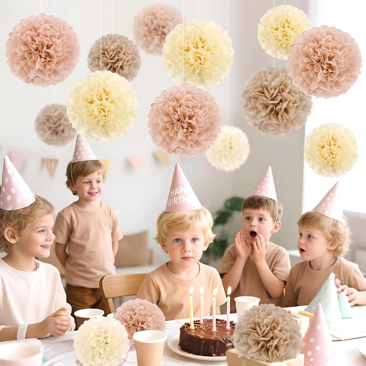 Boho Tissue Paper Pom Poms Tissue Paper Flowers (15PCS) Champagne Brown Dusty Pink Neutral Party Decorations,for Bridal Shower Baby Shower Decorations for Girl, Wedding, Birthday Party