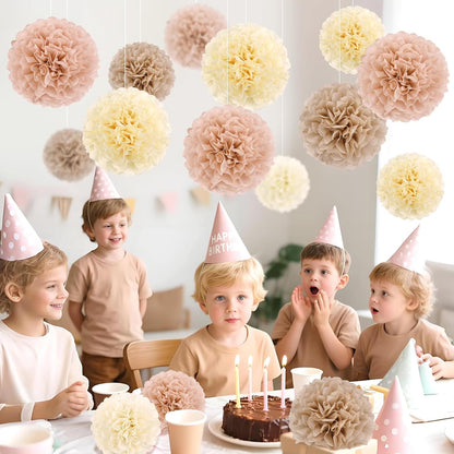 Boho Tissue Paper Pom Poms Tissue Paper Flowers (15PCS) Champagne Brown Dusty Pink Neutral Party Decorations,for Bridal Shower Baby Shower Decorations for Girl, Wedding, Birthday Party