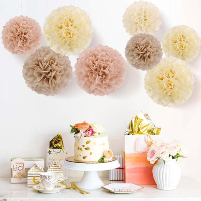 Boho Tissue Paper Pom Poms Tissue Paper Flowers (15PCS) Champagne Brown Dusty Pink Neutral Party Decorations,for Bridal Shower Baby Shower Decorations for Girl, Wedding, Birthday Party