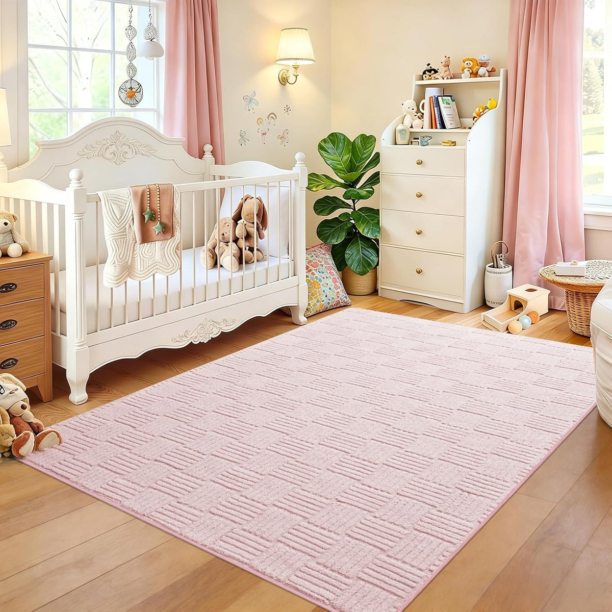 3x5 Pink Washable Shag Area Rug for Girls Bedroom, Modern Geometric Non Slip Living Room Rugs, Fluffy Soft Thick Carpet for Kids Room, Dorm, Office, Bedside, Entryway and Home Decor