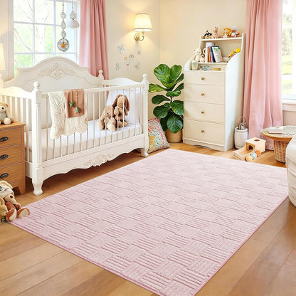 3x5 Pink Washable Shag Area Rug for Girls Bedroom, Modern Geometric Non Slip Living Room Rugs, Fluffy Soft Thick Carpet for Kids Room, Dorm, Office, Bedside, Entryway and Home Decor