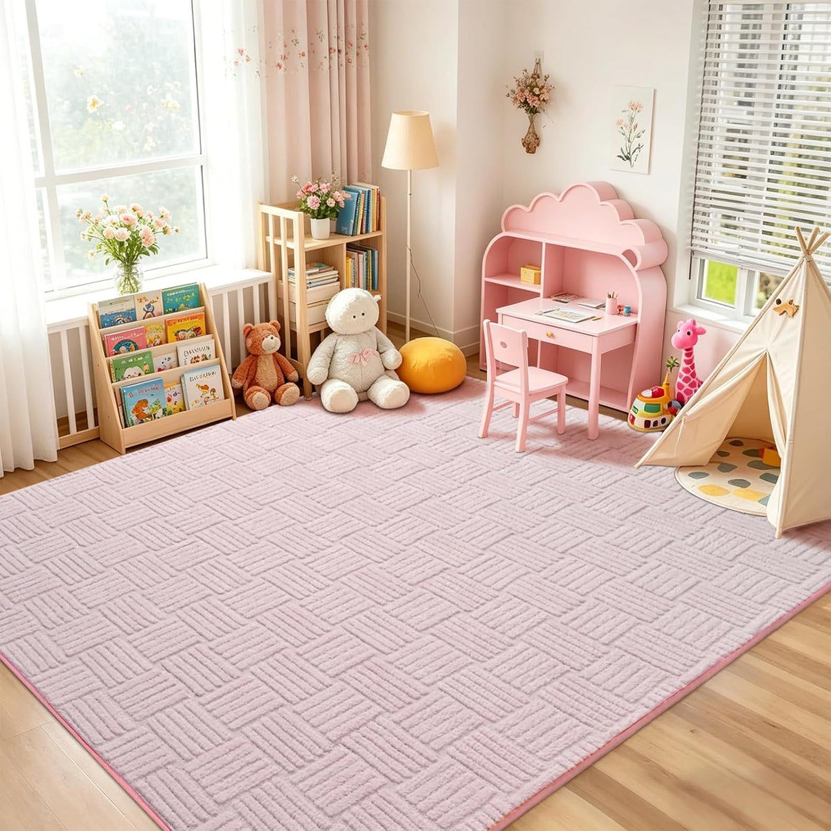 3x5 Pink Washable Shag Area Rug for Girls Bedroom, Modern Geometric Non Slip Living Room Rugs, Fluffy Soft Thick Carpet for Kids Room, Dorm, Office, Bedside, Entryway and Home Decor