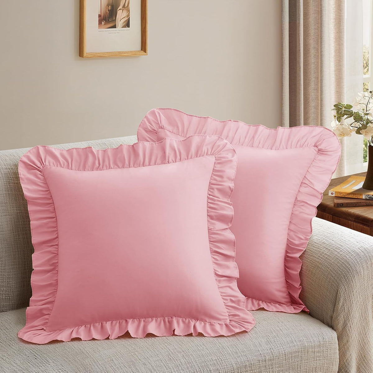 Ruffle Throw Pillow Covers, Light Pink, 20x20 Inches, 2 Pack
