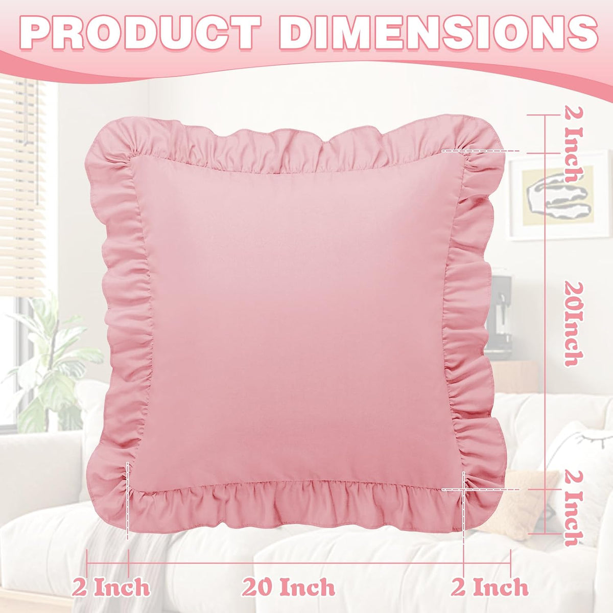 Ruffle Throw Pillow Covers, Light Pink, 20x20 Inches, 2 Pack
