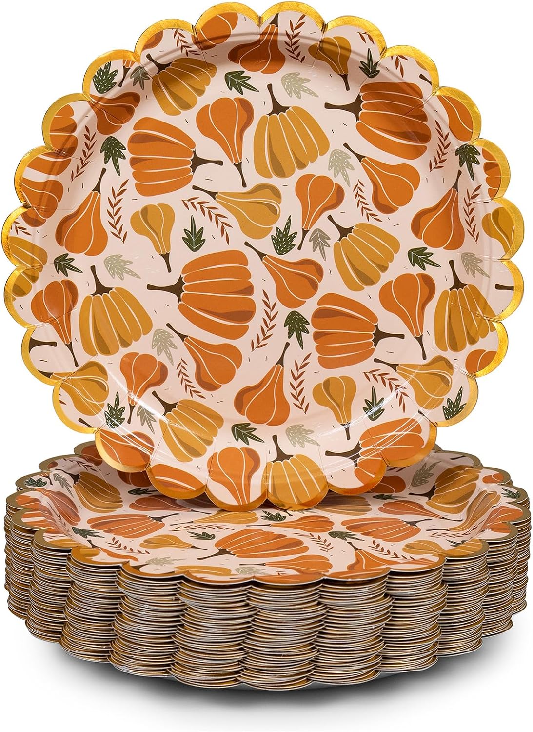 Thanksgiving Paper Plates, 50-Count Disposable Thanksgiving Dinner Plates, Scalloped, Party Supplies, Pumpkins, Peach