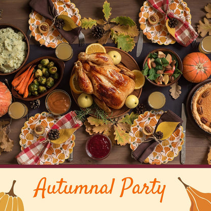 Thanksgiving Paper Plates, 50-Count Disposable Thanksgiving Dinner Plates, Scalloped, Party Supplies, Pumpkins, Peach
