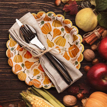 Thanksgiving Paper Plates, 50-Count Disposable Thanksgiving Dinner Plates, Scalloped, Party Supplies, Pumpkins, Peach