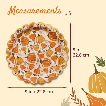 Thanksgiving Paper Plates, 50-Count Disposable Thanksgiving Dinner Plates, Scalloped, Party Supplies, Pumpkins, Peach
