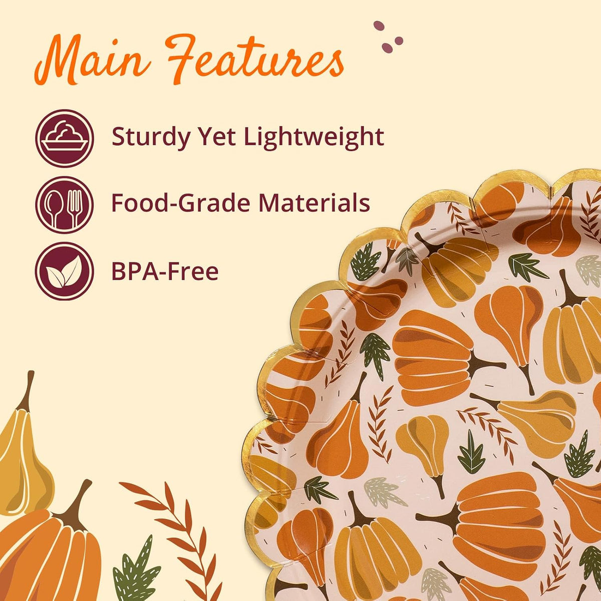 Thanksgiving Paper Plates, 50-Count Disposable Thanksgiving Dinner Plates, Scalloped, Party Supplies, Pumpkins, Peach
