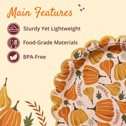 Thanksgiving Paper Plates, 50-Count Disposable Thanksgiving Dinner Plates, Scalloped, Party Supplies, Pumpkins, Peach