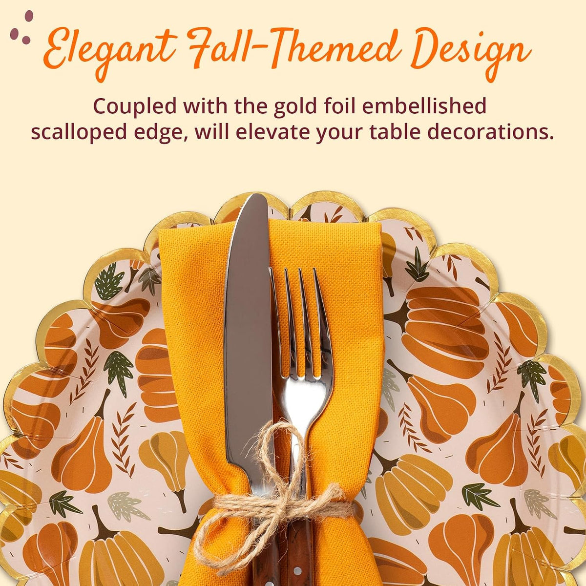 Thanksgiving Paper Plates, 50-Count Disposable Thanksgiving Dinner Plates, Scalloped, Party Supplies, Pumpkins, Peach