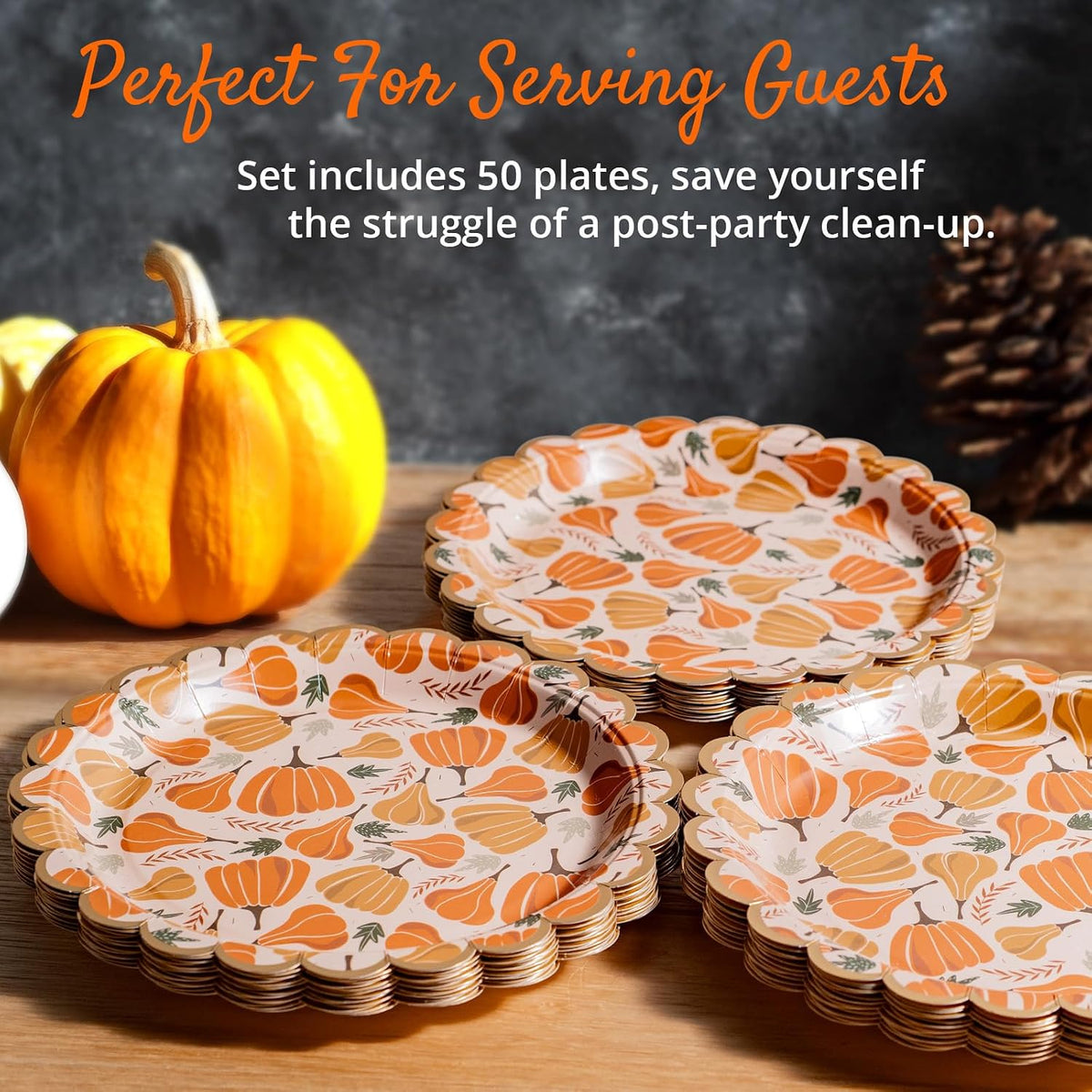 Thanksgiving Paper Plates, 50-Count Disposable Thanksgiving Dinner Plates, Scalloped, Party Supplies, Pumpkins, Peach