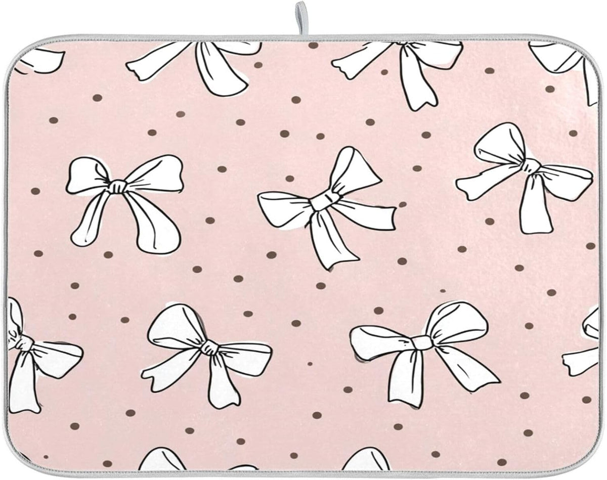 Cute Bow Light Pink Dish Drying Mat Absorbent Dishes Drainer Rack Mats Microfiber Reversible Dish Drying Pad Fast Dry Kitchen Accessories 16x18in For Kitchen Counter