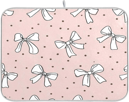 Cute Bow Light Pink Dish Drying Mat Absorbent Dishes Drainer Rack Mats Microfiber Reversible Dish Drying Pad Fast Dry Kitchen Accessories 16x18in For Kitchen Counter