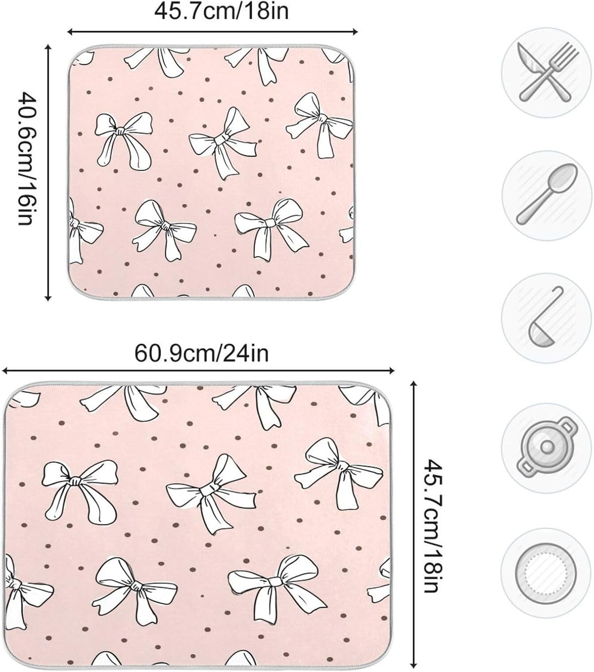 Cute Bow Light Pink Dish Drying Mat Absorbent Dishes Drainer Rack Mats Microfiber Reversible Dish Drying Pad Fast Dry Kitchen Accessories 16x18in For Kitchen Counter
