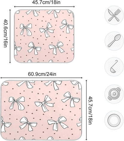 Cute Bow Light Pink Dish Drying Mat Absorbent Dishes Drainer Rack Mats Microfiber Reversible Dish Drying Pad Fast Dry Kitchen Accessories 16x18in For Kitchen Counter