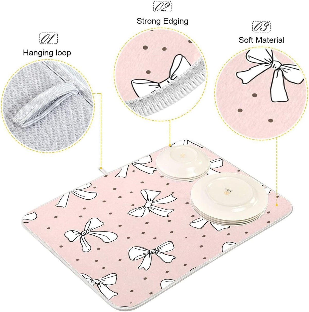 Cute Bow Light Pink Dish Drying Mat Absorbent Dishes Drainer Rack Mats Microfiber Reversible Dish Drying Pad Fast Dry Kitchen Accessories 16x18in For Kitchen Counter