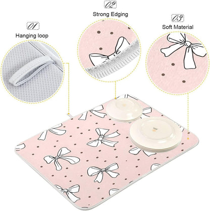 Cute Bow Light Pink Dish Drying Mat Absorbent Dishes Drainer Rack Mats Microfiber Reversible Dish Drying Pad Fast Dry Kitchen Accessories 16x18in For Kitchen Counter