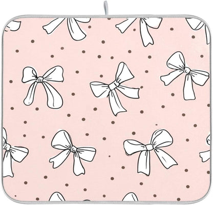 Cute Bow Light Pink Dish Drying Mat Absorbent Dishes Drainer Rack Mats Microfiber Reversible Dish Drying Pad Fast Dry Kitchen Accessories 16x18in For Kitchen Counter