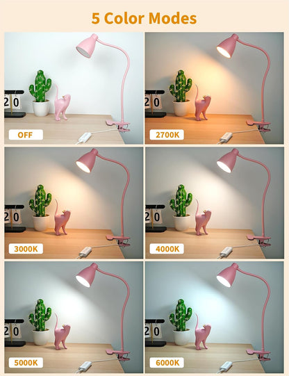 Cute Desk Lamp with Clamp Clip on Light, 5 Color 10 Brightness, Pink