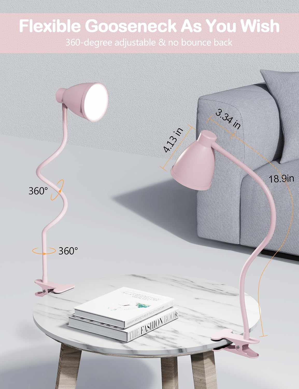 Cute Desk Lamp with Clamp Clip on Light, 5 Color 10 Brightness, Pink