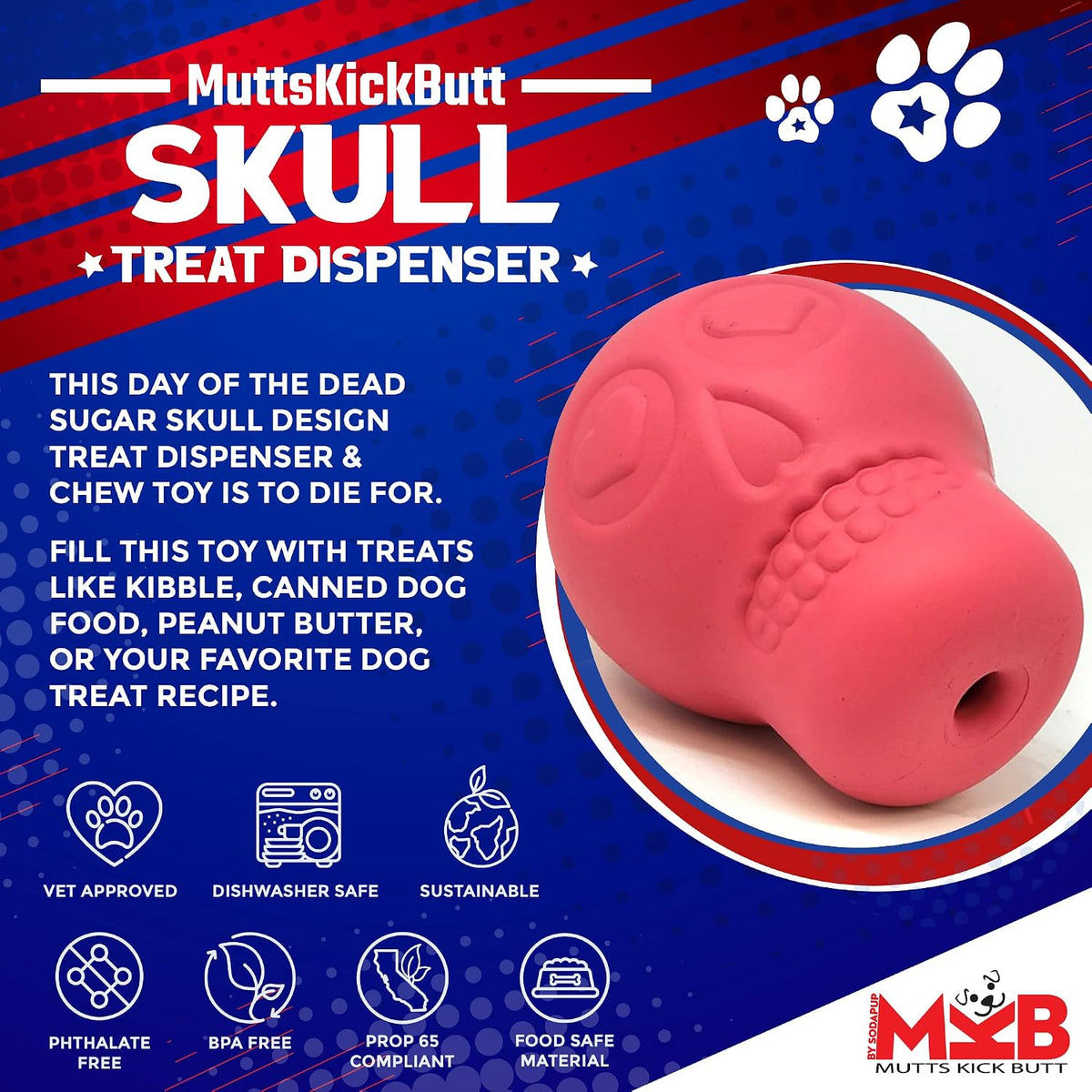 MuttsKickButt Magnum Skull – Dog Treat Dispenser & Chew Toy Made in USA from Our Most Durable Non-Toxic, Pet-Safe, Food Safe Natural Rubber for Mental Stimulation, Problem Chewing, & More