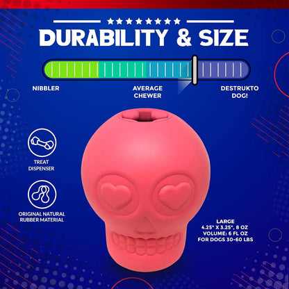 MuttsKickButt Magnum Skull – Dog Treat Dispenser & Chew Toy Made in USA from Our Most Durable Non-Toxic, Pet-Safe, Food Safe Natural Rubber for Mental Stimulation, Problem Chewing, & More