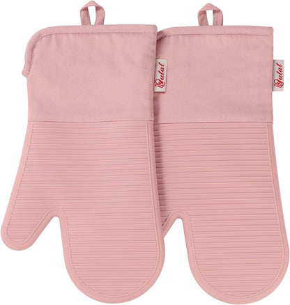 Silicone Oven Mitts,High Heat Resistant Up to 500 Degrees,Waterproof Cooking Gloves with Soft Polyester Filling,Kitchen Potholder Set - Perfect for BBQ,Baking and Cooking,Pink,2 Pcs Set