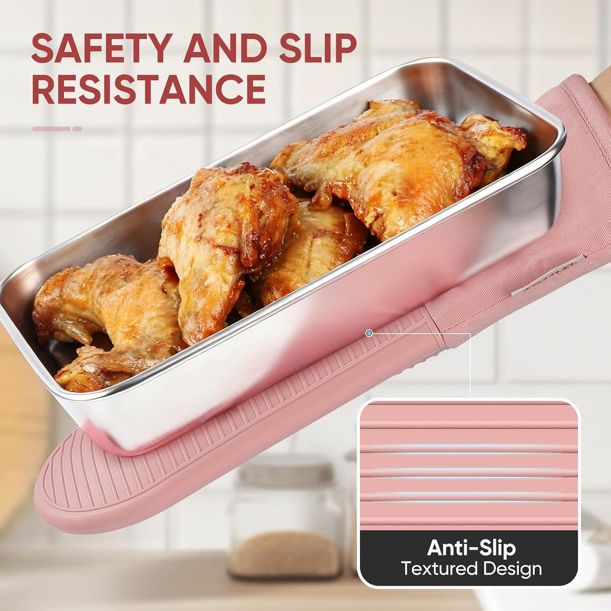 Silicone Oven Mitts,High Heat Resistant Up to 500 Degrees,Waterproof Cooking Gloves with Soft Polyester Filling,Kitchen Potholder Set - Perfect for BBQ,Baking and Cooking,Pink,2 Pcs Set