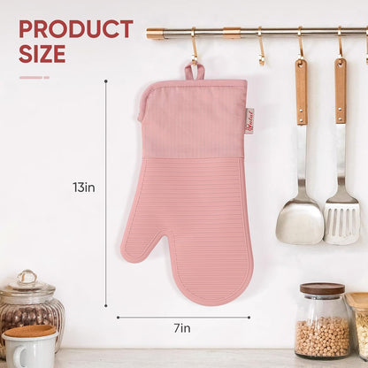 Silicone Oven Mitts,High Heat Resistant Up to 500 Degrees,Waterproof Cooking Gloves with Soft Polyester Filling,Kitchen Potholder Set - Perfect for BBQ,Baking and Cooking,Pink,2 Pcs Set