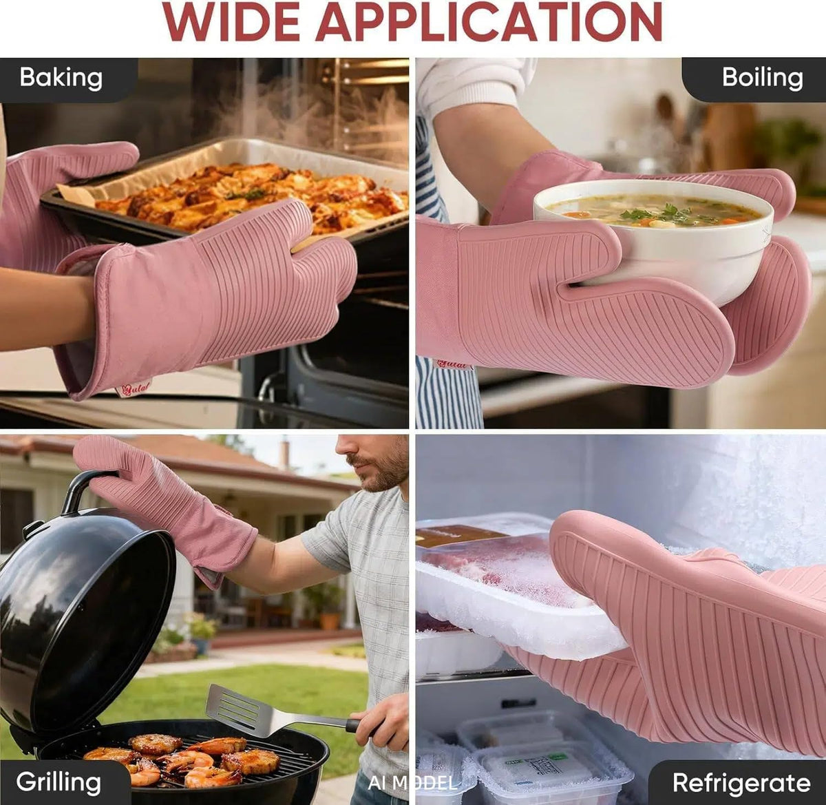 Silicone Oven Mitts,High Heat Resistant Up to 500 Degrees,Waterproof Cooking Gloves with Soft Polyester Filling,Kitchen Potholder Set - Perfect for BBQ,Baking and Cooking,Pink,2 Pcs Set