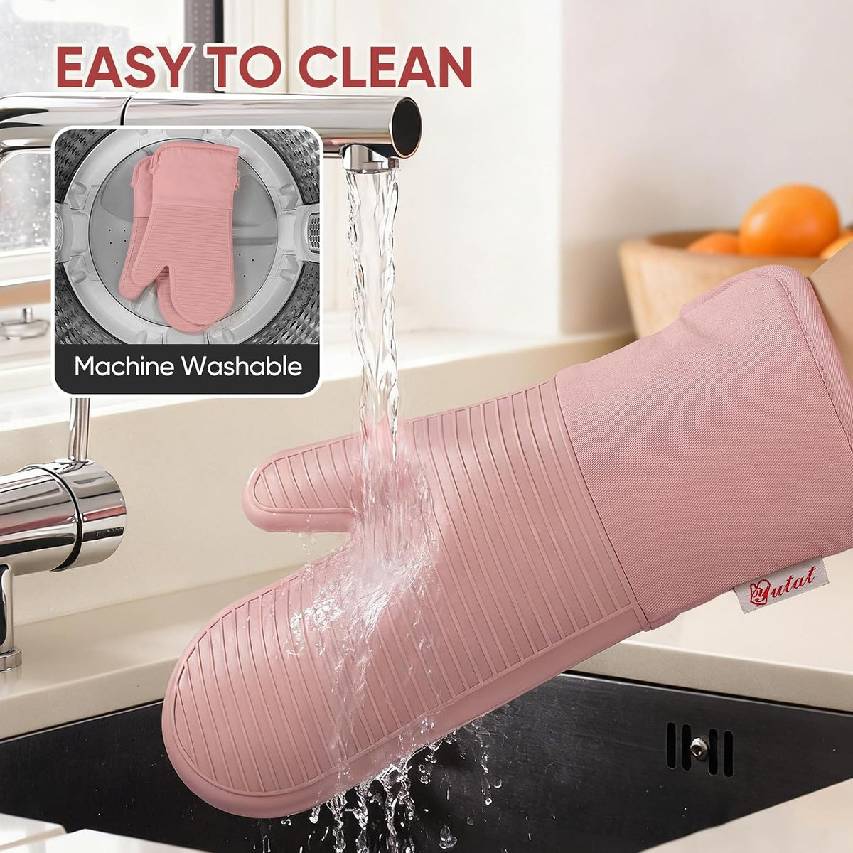 Silicone Oven Mitts,High Heat Resistant Up to 500 Degrees,Waterproof Cooking Gloves with Soft Polyester Filling,Kitchen Potholder Set - Perfect for BBQ,Baking and Cooking,Pink,2 Pcs Set