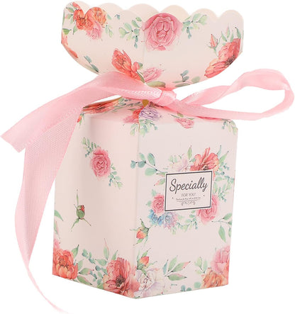 Zerodis Gifts Floral Pattern Retro Style Easy Assemble Candy Boxes DIY Gift Box with Rope for Party Favors Small Gift Packaging Wedding Favor Boxes (Pink HM2251304)