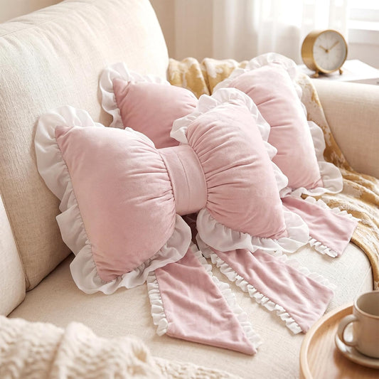 2 Pcs Pink Bow Pillows with Ruffles 17.72 x 15.75'' Bowknot Shaped