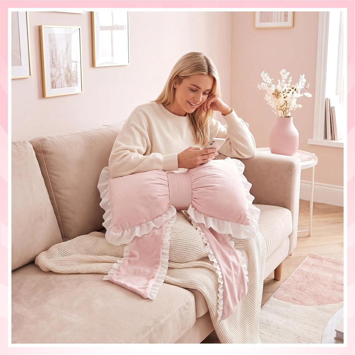 2 Pcs Pink Bow Pillows with Ruffles 17.72 x 15.75'' Bowknot Shaped