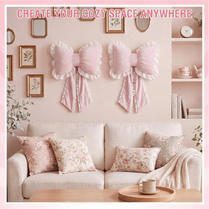 2 Pcs Pink Bow Pillows with Ruffles 17.72 x 15.75'' Bowknot Shaped