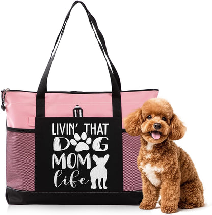 Dog Mom Bag with Living that Dog mam Life Design Dog Cat Pet Lover Tote Bag for Shopping Travel Picnic(Pink)