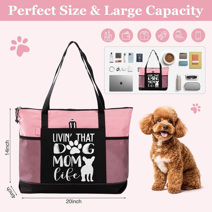 Dog Mom Bag with Living that Dog mam Life Design Dog Cat Pet Lover Tote Bag for Shopping Travel Picnic(Pink)