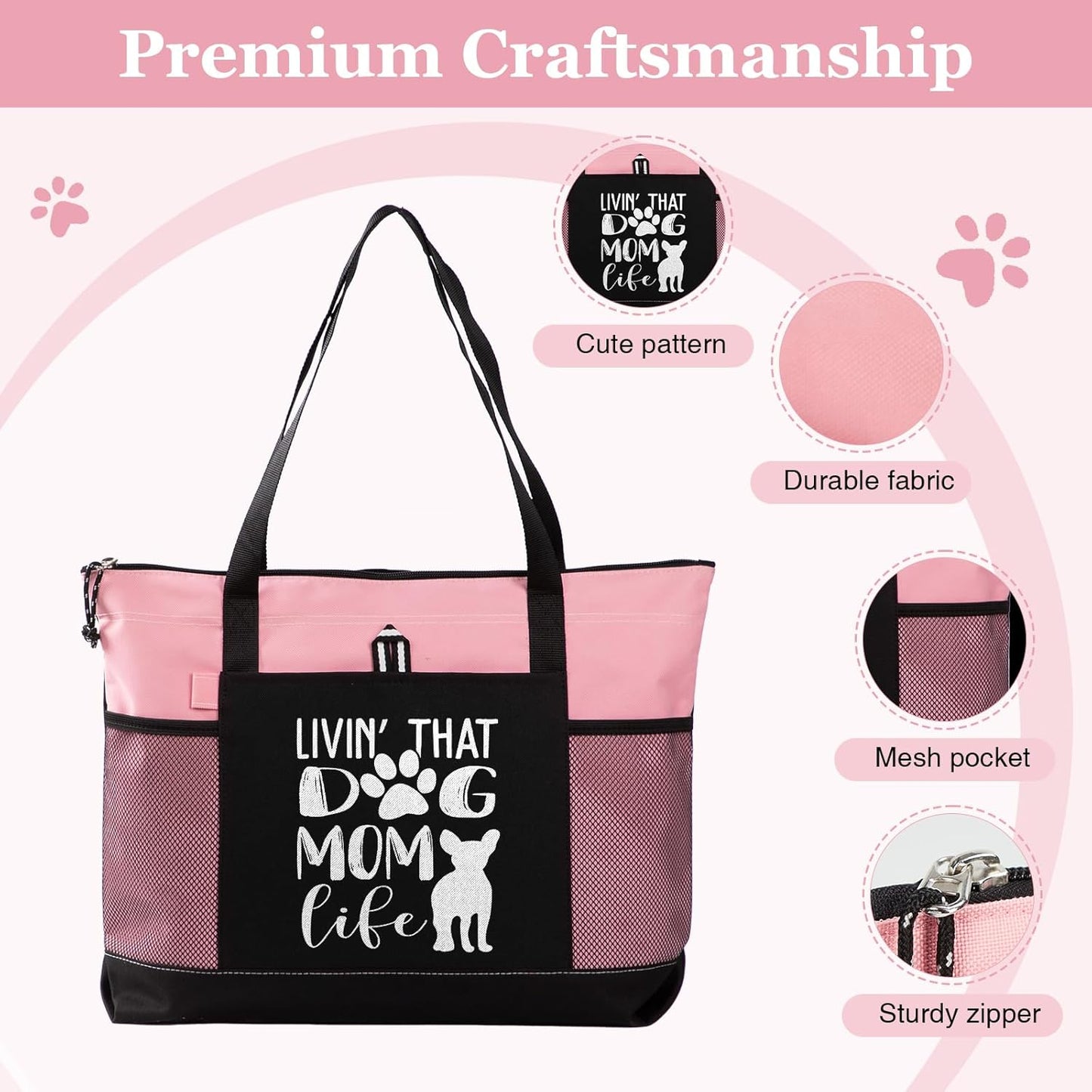 Dog Mom Bag with Living that Dog mam Life Design Dog Cat Pet Lover Tote Bag for Shopping Travel Picnic(Pink)
