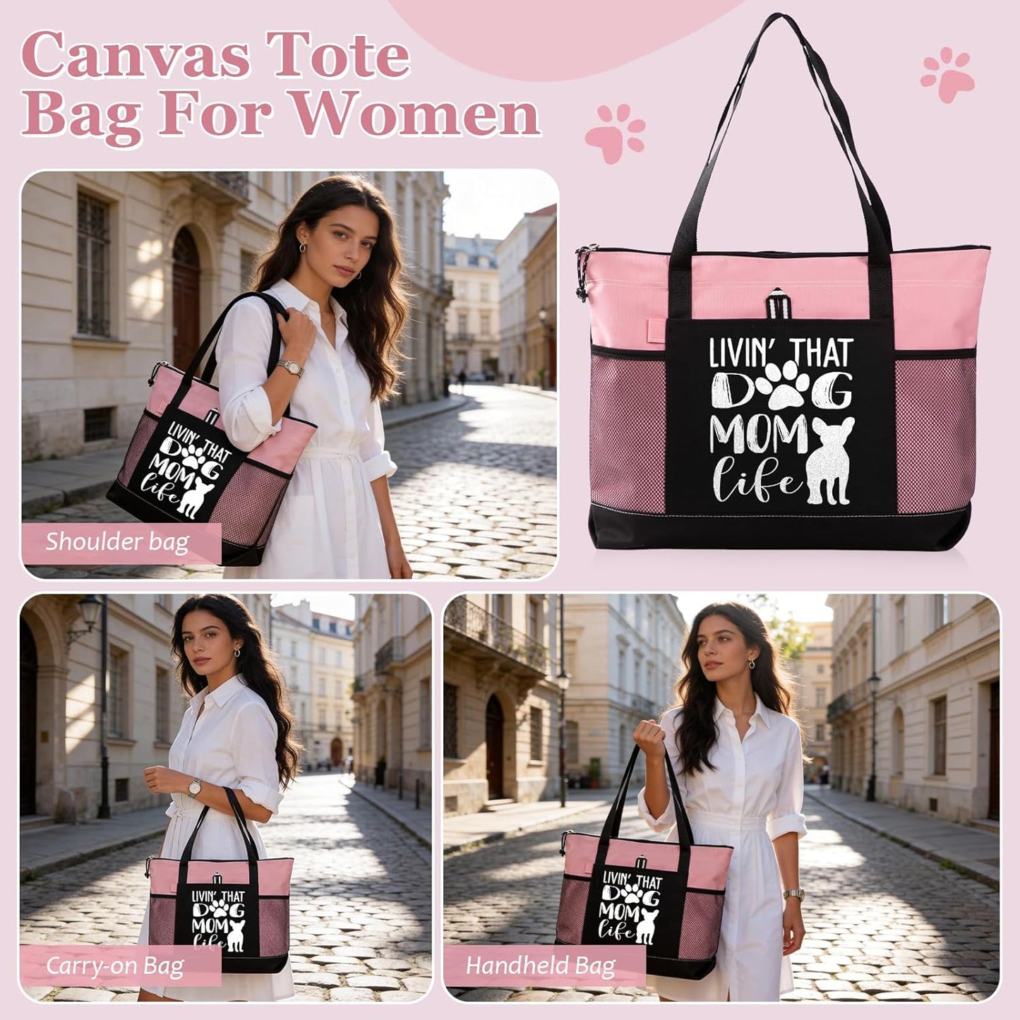 Dog Mom Bag with Living that Dog mam Life Design Dog Cat Pet Lover Tote Bag for Shopping Travel Picnic(Pink)