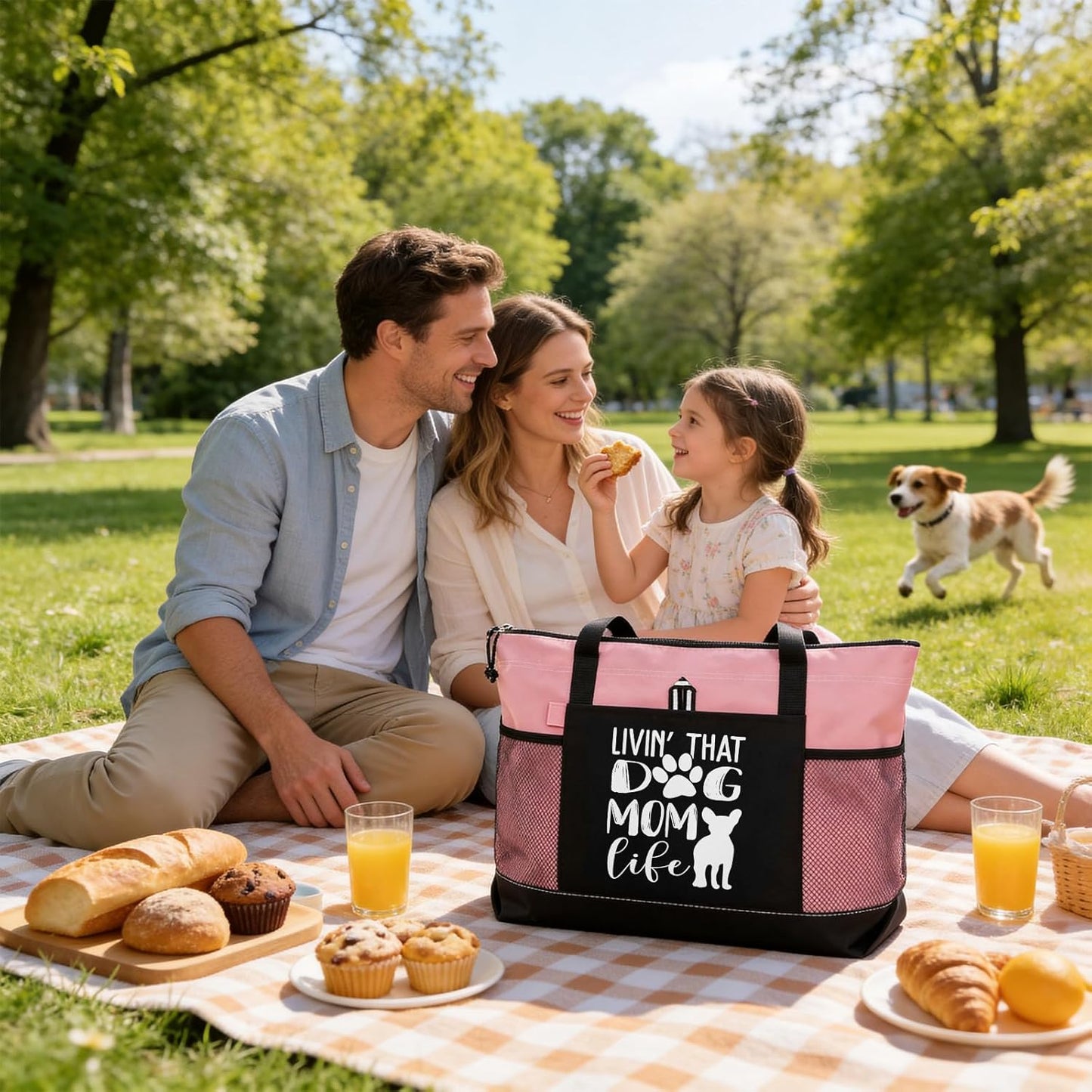 Dog Mom Bag with Living that Dog mam Life Design Dog Cat Pet Lover Tote Bag for Shopping Travel Picnic(Pink)