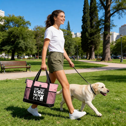 Dog Mom Bag with Living that Dog mam Life Design Dog Cat Pet Lover Tote Bag for Shopping Travel Picnic(Pink)